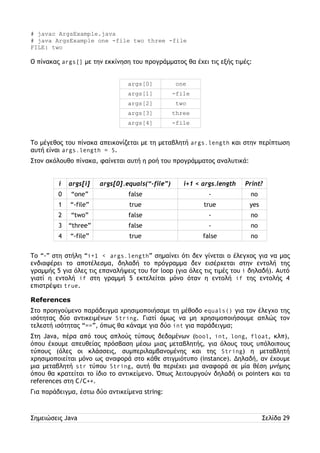# javac ArgsExample.java 
# java ArgsExample one -file two three -file 
FILE: two 
Ο πίνακας args[] με την εκκίνηση του προγράμματος θα έχει τις εξής τιμές: 
args[0] one 
args[1] -file 
args[2] two 
args[3] three 
args[4] -file 
Το μέγεθος του πίνακα απεικονίζεται με τη μεταβλητή args.length και στην περίπτωση 
αυτή είναι args.length = 5. 
Στον ακόλουθο πίνακα, φαίνεται αυτή η ροή του προγράμματος αναλυτικά: 
i args[i] args[0].equals(“-file”) i+1 < args.length Print? 
0 “one” false - no 
1 “-file” true true yes 
2 “two” false - no 
3 “three” false - no 
4 “-file” true false no 
Το “-” στη στήλη “i+1 < args.length” σημαίνει ότι δεν γίνεται ο έλεγχος για να μας 
ενδιαφέρει το αποτέλεσμα, δηλαδή το πρόγραμμα δεν εισέρχεται στην εντολή της 
γραμμής 5 για όλες τις επαναλήψεις του for loop (για όλες τις τιμές του i δηλαδή). Αυτό 
γιατί η εντολή if στη γραμμή 5 εκτελείται μόνο όταν η εντολή if της εντολής 4 
επιστρέψει true. 
References 
Στο προηγούμενο παράδειγμα χρησιμοποιήσαμε τη μέθοδο equals() για τον έλεγχο της 
ισότητας δύο αντικειμένων String. Γιατί όμως να μη χρησιμοποιήσουμε απλώς τον 
τελεστή ισότητας “==”, όπως θα κάναμε για δύο int για παράδειγμα; 
Στη Java, πέρα από τους απλούς τύπους δεδομένων (bool, int, long, float, κλπ), 
όπου έχουμε απευθείας πρόσβαση μέσω μιας μεταβλητής, για όλους τους υπόλοιπους 
τύπους (όλες οι κλάσσεις, συμπεριλαμβανομένης και της String) η μεταβλητή 
χρησιμοποιείται μόνο ως αναφορά στο κάθε στιγμιότυπο (instance). Δηλαδή, αν έχουμε 
μια μεταβλητή str τύπου String, αυτή θα περιέχει μια αναφορά σε μία θέση μνήμης 
όπου θα κρατείται το ίδιο το αντικείμενο. Όπως λειτουργούν δηλαδή οι pointers και τα 
references στη C/C++. 
Για παράδειγμα, έστω δύο αντικείμενα string: 
Σημειώσεις Java Σελίδα 29 
 