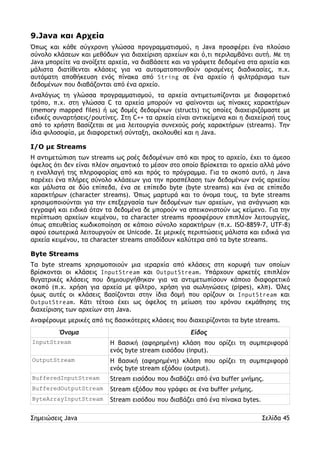 9.Java και Αρχεία 
Όπως και κάθε σύγχρονη γλώσσα προγραμματισμού, η Java προσφέρει ένα πλούσιο 
σύνολο κλάσεων και μεθόδων για διαχείριση αρχείων και ό,τι περιλαμβάνει αυτή. Με τη 
Java μπορείτε να ανοίξετε αρχεία, να διαβάσετε και να γράψετε δεδομένα στα αρχεία και 
μάλιστα διατίθενται κλάσεις για να αυτοματοποιηθούν ορισμένες διαδικασίες, π.χ. 
αυτόματη αποθήκευση ενός πίνακα από String σε ένα αρχείο ή φιλτράρισμα των 
δεδομένων που διαβάζονται από ένα αρχείο. 
Αναλόγως τη γλώσσα προγραμματισμού, τα αρχεία αντιμετωπίζονται με διαφορετικό 
τρόπο, π.χ. στη γλώσσα C τα αρχεία μπορούν να φαίνονται ως πίνακες χαρακτήρων 
(memory mapped files) ή ως δομές δεδομένων (structs) τις οποίες διαχειριζόμαστε με 
ειδικές συναρτήσεις/ρουτίνες. Στη C++ τα αρχεία είναι αντικείμενα και η διαχείρισή τους 
από το χρήστη βασίζεται σε μια λειτουργία συνεχούς ροής χαρακτήρων (streams). Την 
ίδια φιλοσοφία, με διαφορετική σύνταξη, ακολουθεί και η Java. 
I/O με Streams 
Η αντιμετώπιση των streams ως ροές δεδομένων από και προς το αρχείο, έχει το άμεσο 
όφελος ότι δεν είναι πλέον σημαντικό το μέσον στο οποίο βρίσκεται το αρχείο αλλά μόνο 
η εναλλαγή της πληροφορίας από και πρός το πρόγραμμα. Για το σκοπό αυτό, η Java 
παρέχει ένα πλήρες σύνολο κλάσεων για την προσπέλαση των δεδομένων ενός αρχείου 
και μάλιστα σε δύο επίπεδα, ένα σε επίπεδο byte (byte streams) και ένα σε επίπεδο 
χαρακτήρων (character streams). Όπως μαρτυρά και το όνομα τους, τα byte streams 
χρησιμοποιούνται για την επεξεργασία των δεδομένων των αρχείων, για ανάγνωση και 
εγγραφή και ειδικά όταν τα δεδομένα δε μπορούν να απεικονιστούν ως κείμενο. Για την 
περίπτωση αρχείων κειμένου, τα character streams προσφέρουν επιπλέον λειτουργίες, 
όπως απευθείας κωδικοποίηση σε κάποιο σύνολο χαρακτήρων (π.χ. ISO-8859-7, UTF-8) 
αφού εσωτερικά λειτουργούν σε Unicode. Σε μερικές περιπτώσεις μάλιστα και ειδικά για 
αρχεία κειμένου, τα character streams αποδίδουν καλύτερα από τα byte streams. 
Byte Streams 
Τα byte streams χρησιμοποιούν μια ιεραρχία από κλάσεις στη κορυφή των οποίων 
βρίσκονται οι κλάσεις InputStream και OutputStream. Υπάρχουν αρκετές επιπλέον 
θυγατρικές κλάσεις που δημιουργήθηκαν για να αντιμετωπίσουν κάποιο διαφορετικό 
σκοπό (π.χ. χρήση για αρχεία με φίλτρο, χρήση για σωληνώσεις (pipes), κλπ). Όλες 
όμως αυτές οι κλάσεις βασίζονται στην ίδια δομή που ορίζουν οι InputStream και 
OutputStream. Κάτι τέτοιο έχει ως όφελος τη μείωση του χρόνου εκμάθησης της 
διαχείρισης των αρχείων στη Java. 
Αναφέρουμε μερικές από τις βασικότερες κλάσεις που διαχειρίζονται τα byte streams. 
Όνομα Είδος 
InputStream Η βασική (αφηρημένη) κλάση που ορίζει τη συμπεριφορά 
ενός byte stream εισόδου (input). 
OutputStream Η βασική (αφηρημένη) κλάση που ορίζει τη συμπεριφορά 
ενός byte stream εξόδου (output). 
BufferedInputStream Stream εισόδου που διαβάζει από ένα buffer μνήμης. 
BufferedOutputStream Stream εξόδου που γράφει σε ένα buffer μνήμης. 
ByteArrayInputStream Stream εισόδου που διαβάζει από ένα πίνακα bytes. 
Σημειώσεις Java Σελίδα 45 
 