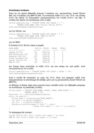 Ανανέωση πινάκων 
Έστω ότι την πρώτη εβδομάδα γίνονται 7 πωλήσεις της μοτοσυκλέτας, Susuki VStrom 
650, και 4 πωλήσεις της BMW FS 650. Τα αντίστοιχα πεδία SALES και TOTAL του πίνακα 
BIKES θα πρέπει να ανανεωθούν χρησιμοποιώντας την εντολή UPDATE της SQL. Η 
εντολές που πρέπει να εκτελέσουμε είναι οι εξής: 
String updateString = "UPDATE BIKES SET SALES = 7 " + 
"WHERE BIKE_NAME LIKE 'Susuki VStrom 650'"; 
stmt.executeUpdate(updateString); 
για την VStrom, και 
String updateString = "UPDATE BIKES SET SALES = 4 " + 
"WHERE BIKE_NAME LIKE 'BMW FS 650'"; 
stmt.executeUpdate(updateString); 
για την BMW. 
Ο πίνακας BIKES θα έχει τώρα τη μορφή: 
BIKE_NAME SUP_ID PRICE SALES TOTAL 
--------------- ------ ------- ----- ----- 
Yamaha XT 500 101 5000,00 0 0 
KTM Adventurer 650 49 7300,00 0 0 
Kawasaki KLE 500 150 5300,00 0 0 
Honda TransAlp 650 101 7900,00 0 0 
Susuki VStrom 650 49 7000,00 7 0 
BMW FS 650 150 8900,00 4 0 
Δεν έχουμε όμως ανανεώσει το πεδίο TOTAL και έχει ακόμη την τιμή μηδέν. Αυτό 
επιτυγχάνεται με την εντολή: 
String updateString = "UPDATE BIKES SET TOTAL = TOTAL + 75"; 
stmt.executeUpdate(updateString); 
Αυτή η εντολή θα ανανεώσει τις τιμές της TOTAL όλων των γραμμών (αλλά στην 
πραγματικότητα το αποτέλεσμα θα αλλάξει μόνο για τις μοτοσυκλέτες Susuki VStrom και 
BMW FS). 
Αν θέλουμε να δούμε τώρα ποιες μηχανές έχουν πωληθεί αυτήν την εβδομάδα μπορούμε 
να εκτελέσουμε τις ακόλουθες εντολές: 
String query = "SELECT BIKE_NAME, SALES, TOTAL FROM BIKES " + 
"WHERE SALES > 0"; 
ResultSet rs = stmt.executeQuery(query); 
while (rs.next()) { 
String name = rs.getString(“BIKE_NAME”); 
int sold = rs.getInt(“SALES”); 
int tot = rs.getInt(“TOTAL”); 
System.out.println(name+“: Sold ” + sold + 
“ bikes this week, “ + tot + “ in total”); 
} 
Το πρόγραμμα θα τυπώσει: 
Susuki VStrom 650: Sold 7 bikes this week, 7 in total 
BMW FS 650: Sold 4 bikes this week, 4 in total 
Σημειώσεις Java Σελίδα 69 
 