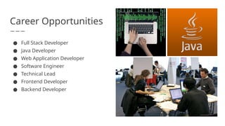 Career Opportunities
● Full Stack Developer
● Java Developer
● Web Application Developer
● Software Engineer
● Technical Lead
● Frontend Developer
● Backend Developer
 