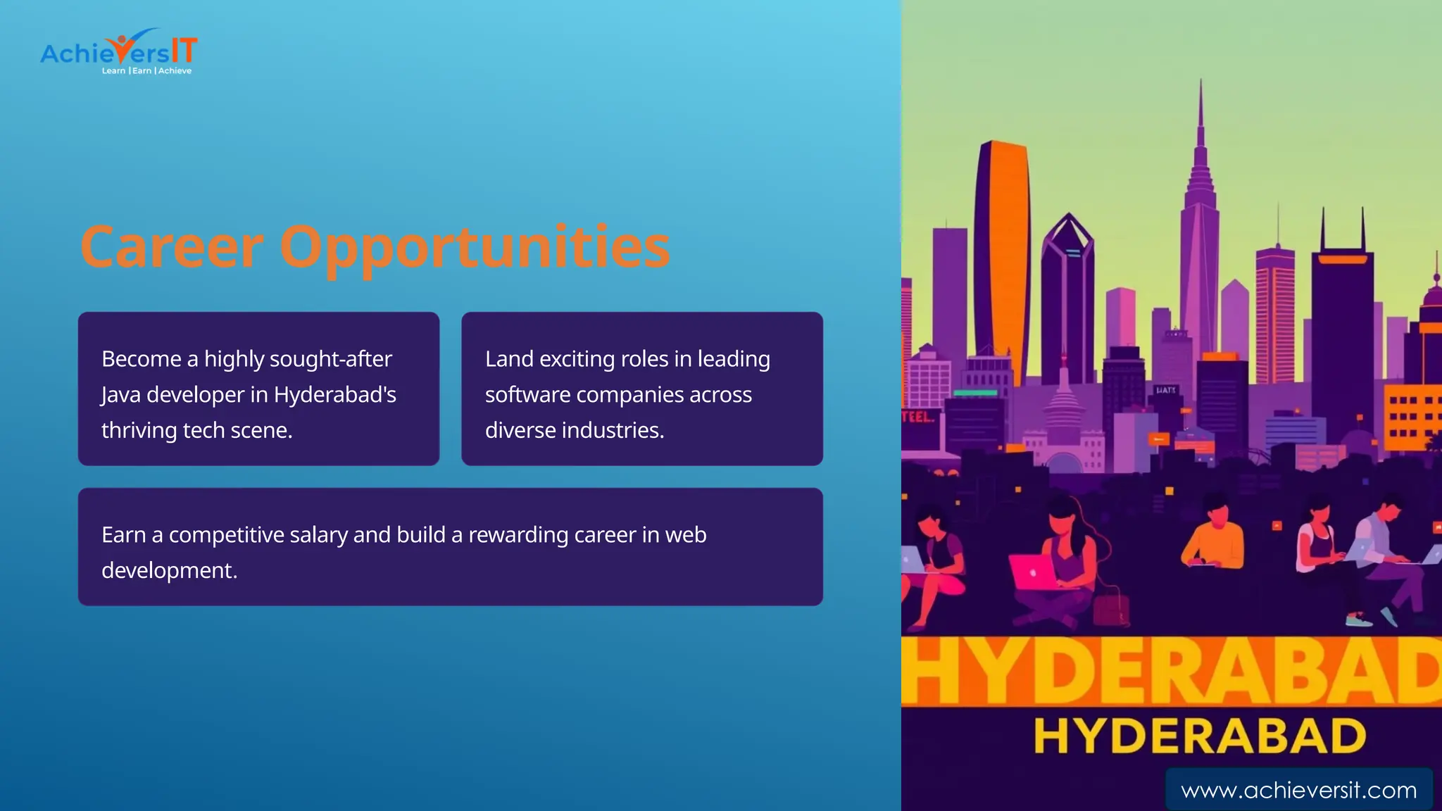 Career Opportunities
Become a highly sought-after
Java developer in Hyderabad's
thriving tech scene.
Land exciting roles in leading
software companies across
diverse industries.
Earn a competitive salary and build a rewarding career in web
development.
www.achieversit.com
 