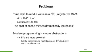 110
Problems
Time ratio to read a value in a CPU register vs RAM
circa 1990: 1 to 1
nowadays: 1 to 100
The cost of cache m...