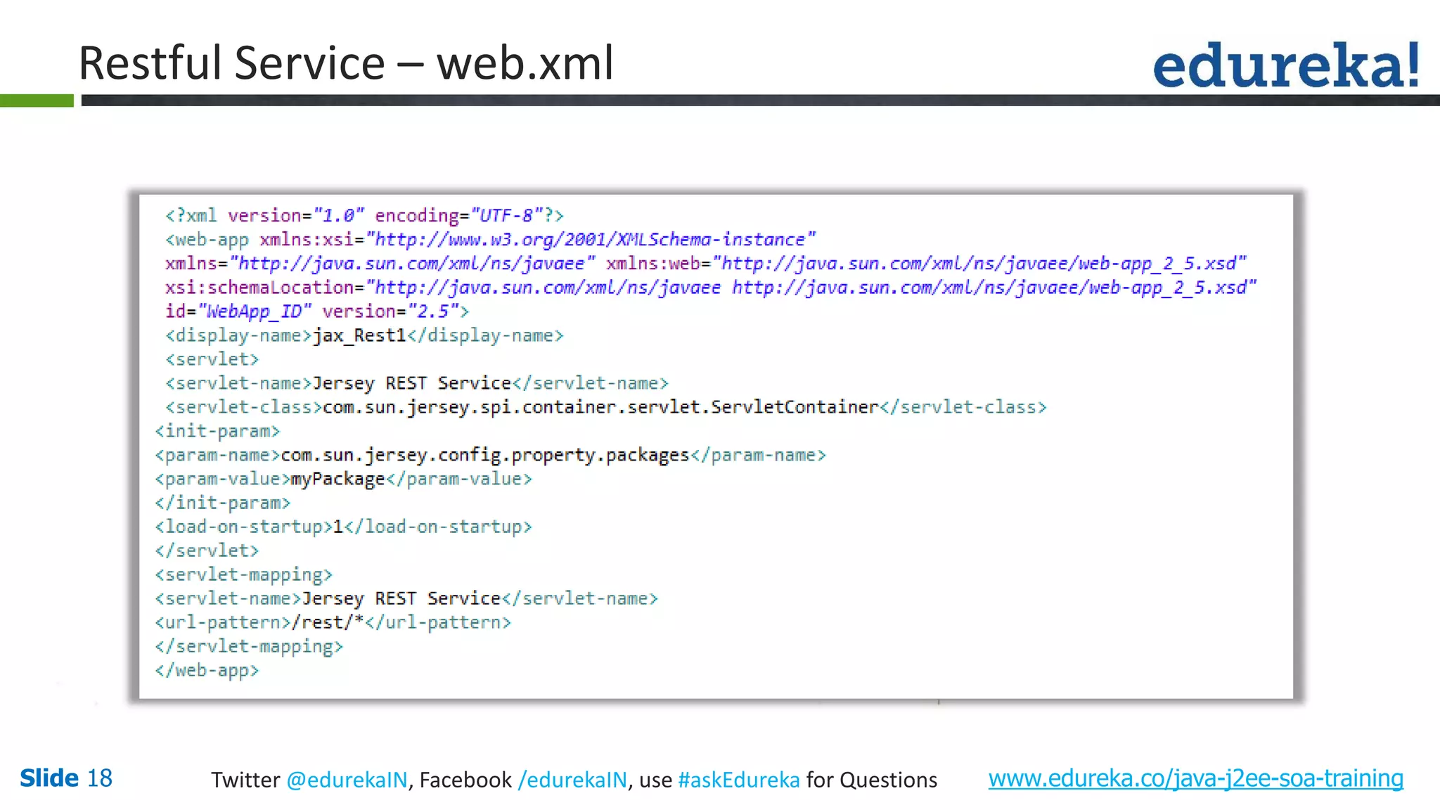 Slide 18 www.edureka.co/java-j2ee-soa-trainingTwitter @edurekaIN, Facebook /edurekaIN, use #askEdureka for Questions Restful Service – web.xml