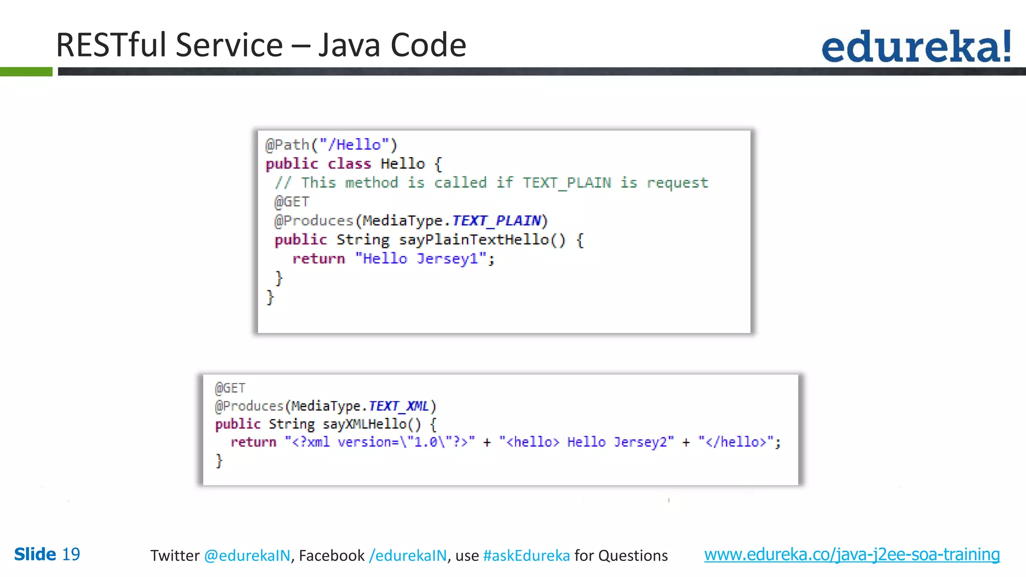 Slide 19 www.edureka.co/java-j2ee-soa-trainingTwitter @edurekaIN, Facebook /edurekaIN, use #askEdureka for Questions RESTful Service – Java Code