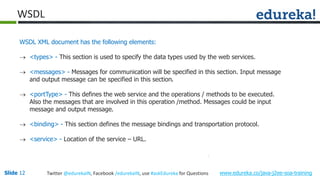 Slide 12 www.edureka.co/java-j2ee-soa-trainingTwitter @edurekaIN, Facebook /edurekaIN, use #askEdureka for Questions
WSDL
WSDL XML document has the following elements:
 <types> - This section is used to specify the data types used by the web services.
 <messages> - Messages for communication will be specified in this section. Input message
and output message can be specified in this section.
 <portType> - This defines the web service and the operations / methods to be executed.
Also the messages that are involved in this operation /method. Messages could be input
message and output message.
 <binding> - This section defines the message bindings and transportation protocol.
 <service> - Location of the service – URL.
 