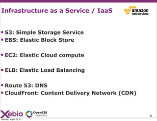 Infrastructure as a Service / IaaS


 S3: Simple Storage Service
 EBS: Elastic Block Store

 EC2: Elastic Cloud compute...
