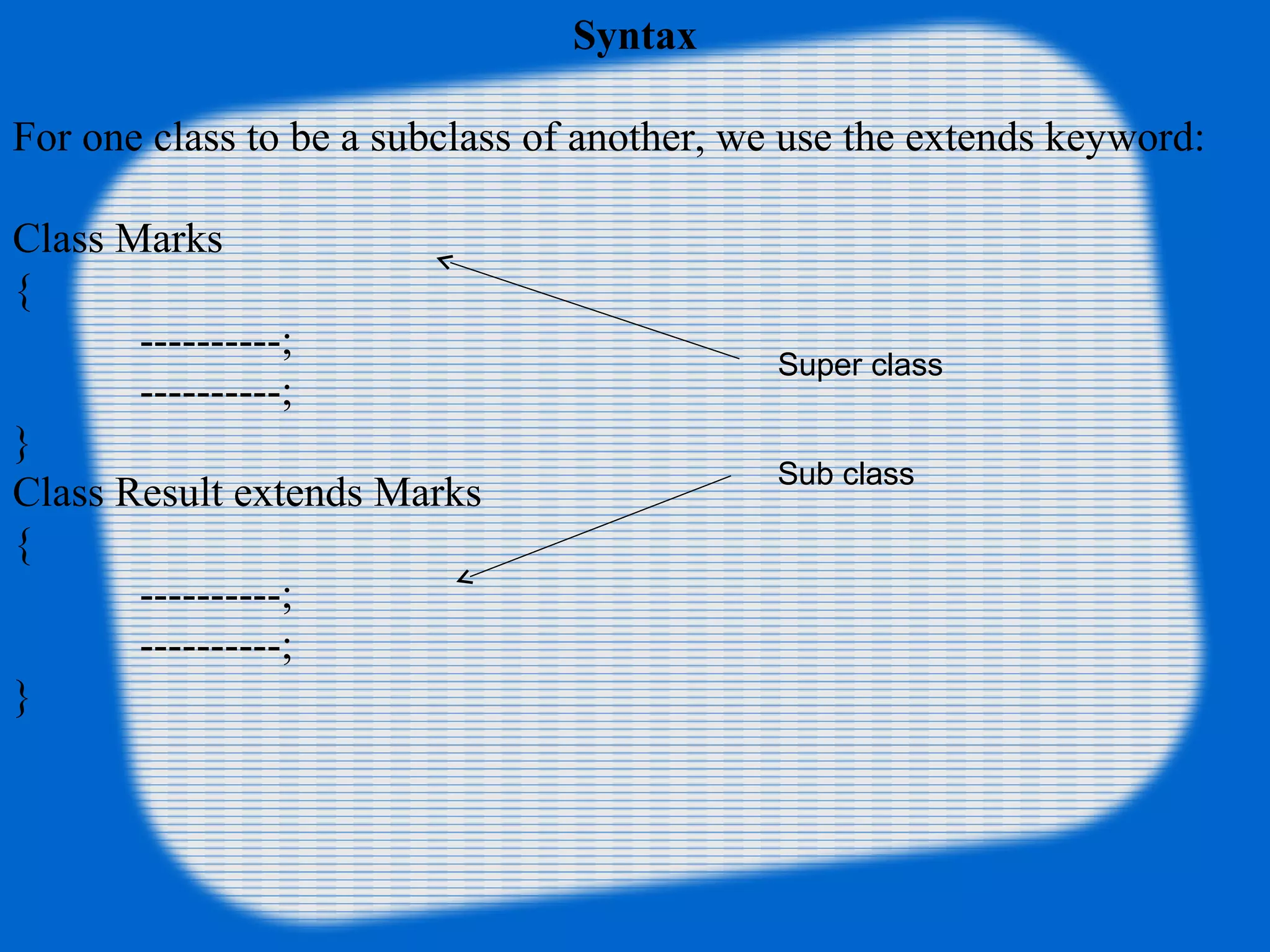Syntax
For one class to be a subclass of another, we use the extends keyword:
Class Marks
{
----------;
----------;
}
Class Result extends Marks
{
----------;
----------;
}
Super class
Sub class
 