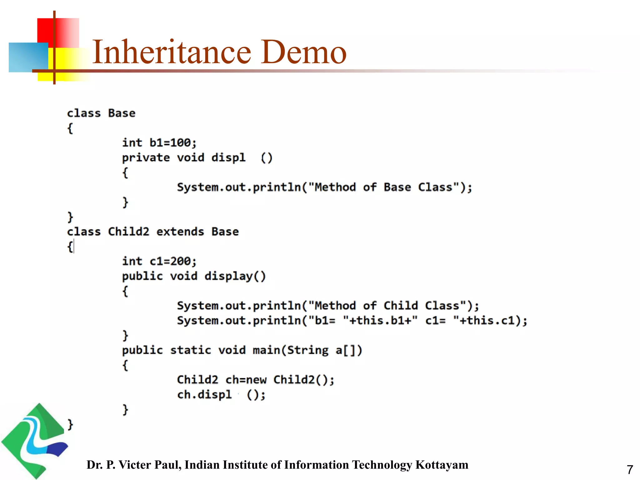 7 Inheritance Demo Dr. P. Victer Paul, Indian Institute of Information Technology Kottayam 
