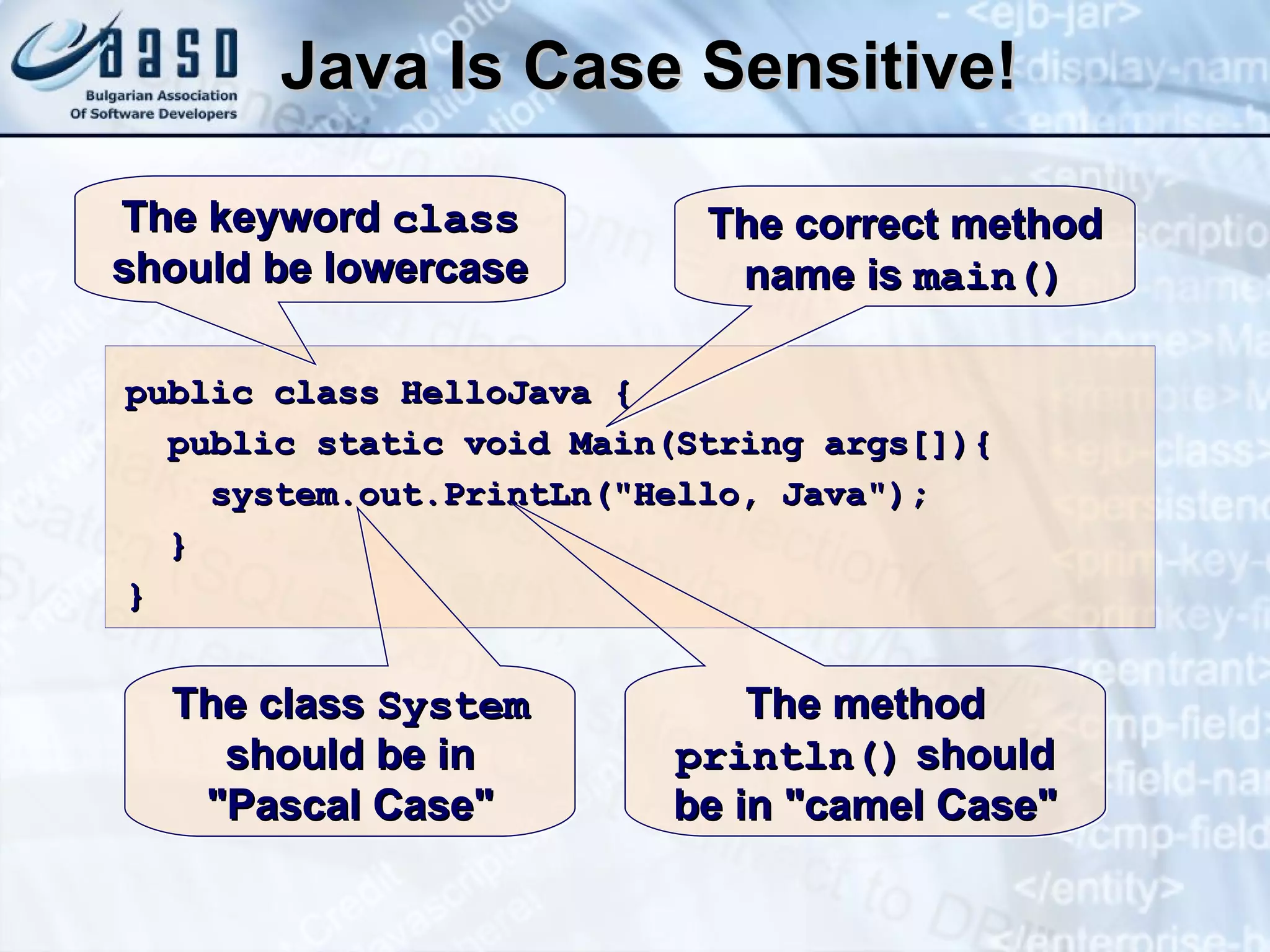 Java Is Case Sensitive! public class HelloJava { public static void Main(String args[]){ system.out.PrintLn("Hello, Java"); } } The keyword  class  should be lowercase The class  System  should be in  " Pascal Case " The method  println()  should be in  " camel   Case " The correct method name is  main() 