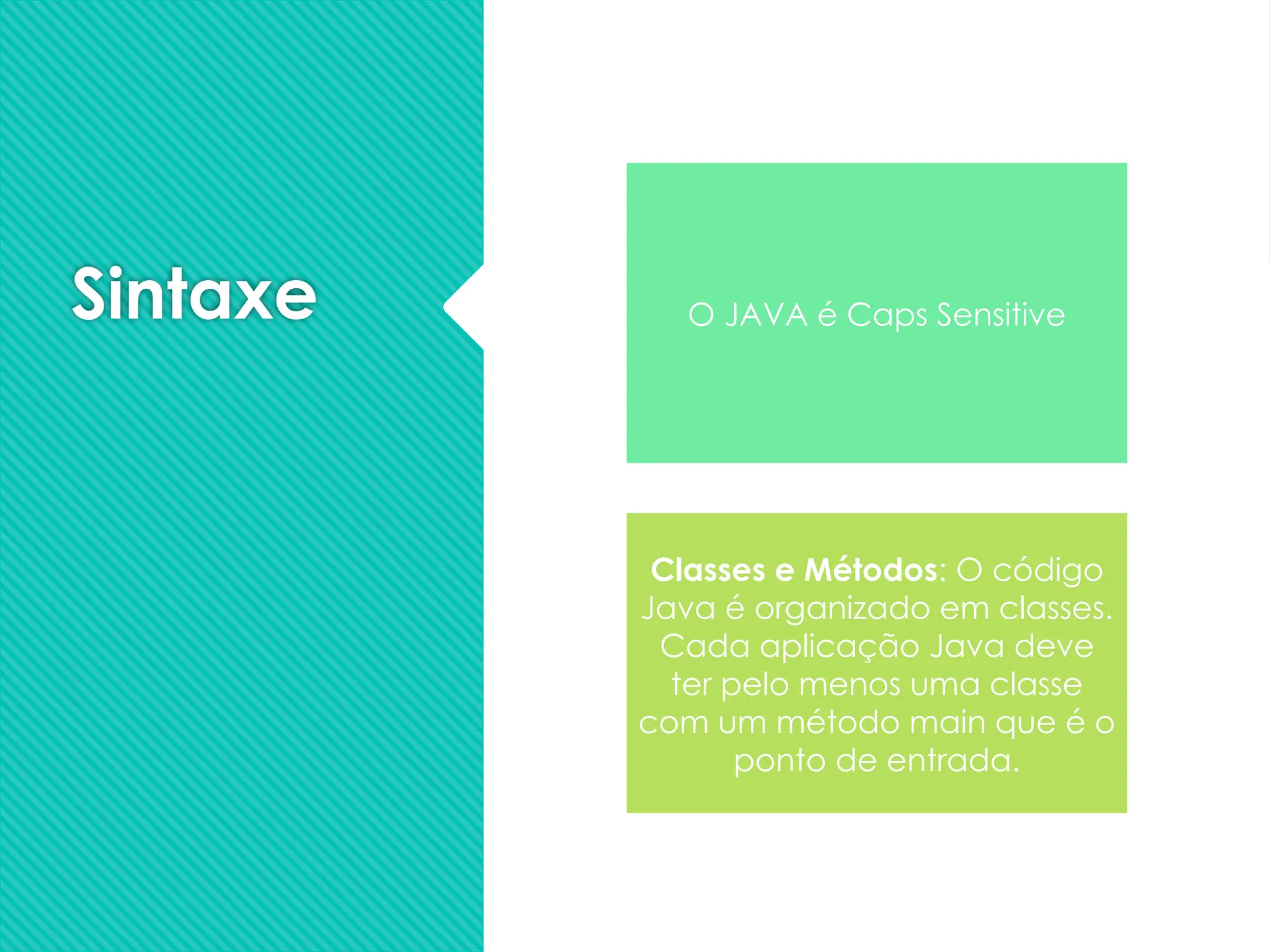 Sintaxe O JAVA é Caps Sensitive
Classes e Métodos: O código
Java é organizado em classes.
Cada aplicação Java deve
ter pelo menos uma classe
com um método main que é o
ponto de entrada.
 