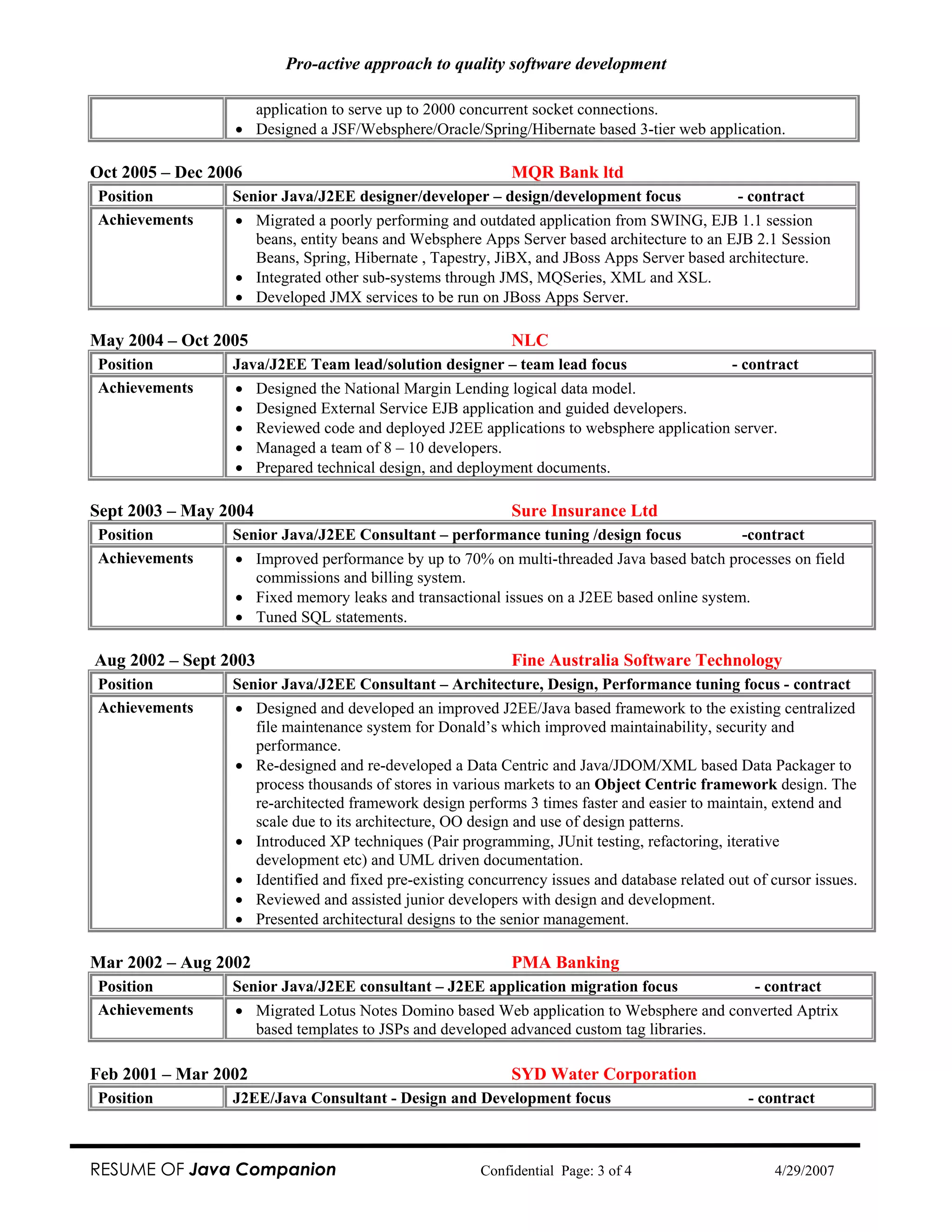 Pro-active approach to quality software development

                    application to serve up to 2000 concurrent socket connections.
                  • Designed a JSF/Websphere/Oracle/Spring/Hibernate based 3-tier web application.

Oct 2005 – Dec 2006                                          MQR Bank ltd
Position         Senior Java/J2EE designer/developer – design/development focus                - contract
Achievements      • Migrated a poorly performing and outdated application from SWING, EJB 1.1 session
                    beans, entity beans and Websphere Apps Server based architecture to an EJB 2.1 Session
                    Beans, Spring, Hibernate , Tapestry, JiBX, and JBoss Apps Server based architecture.
                  • Integrated other sub-systems through JMS, MQSeries, XML and XSL.
                  • Developed JMX services to be run on JBoss Apps Server.

May 2004 – Oct 2005                                          NLC
Position         Java/J2EE Team lead/solution designer – team lead focus                      - contract
Achievements      •    Designed the National Margin Lending logical data model.
                  •    Designed External Service EJB application and guided developers.
                  •    Reviewed code and deployed J2EE applications to websphere application server.
                  •    Managed a team of 8 – 10 developers.
                  •    Prepared technical design, and deployment documents.

Sept 2003 – May 2004                                         Sure Insurance Ltd
Position         Senior Java/J2EE Consultant – performance tuning /design focus                 -contract
Achievements      • Improved performance by up to 70% on multi-threaded Java based batch processes on field
                    commissions and billing system.
                  • Fixed memory leaks and transactional issues on a J2EE based online system.
                  • Tuned SQL statements.

Aug 2002 – Sept 2003                                         Fine Australia Software Technology
Position         Senior Java/J2EE Consultant – Architecture, Design, Performance tuning focus - contract
Achievements     • Designed and developed an improved J2EE/Java based framework to the existing centralized
                    file maintenance system for Donald’s which improved maintainability, security and
                    performance.
                 • Re-designed and re-developed a Data Centric and Java/JDOM/XML based Data Packager to
                    process thousands of stores in various markets to an Object Centric framework design. The
                    re-architected framework design performs 3 times faster and easier to maintain, extend and
                    scale due to its architecture, OO design and use of design patterns.
                 • Introduced XP techniques (Pair programming, JUnit testing, refactoring, iterative
                    development etc) and UML driven documentation.
                 • Identified and fixed pre-existing concurrency issues and database related out of cursor issues.
                 • Reviewed and assisted junior developers with design and development.
                 • Presented architectural designs to the senior management.

Mar 2002 – Aug 2002                                          PMA Banking
Position         Senior Java/J2EE consultant – J2EE application migration focus                   - contract
Achievements      • Migrated Lotus Notes Domino based Web application to Websphere and converted Aptrix
                    based templates to JSPs and developed advanced custom tag libraries.

Feb 2001 – Mar 2002                                          SYD Water Corporation
Position         J2EE/Java Consultant - Design and Development focus                             - contract



RESUME OF Java Companion                                Confidential Page: 3 of 4                    4/29/2007
 
