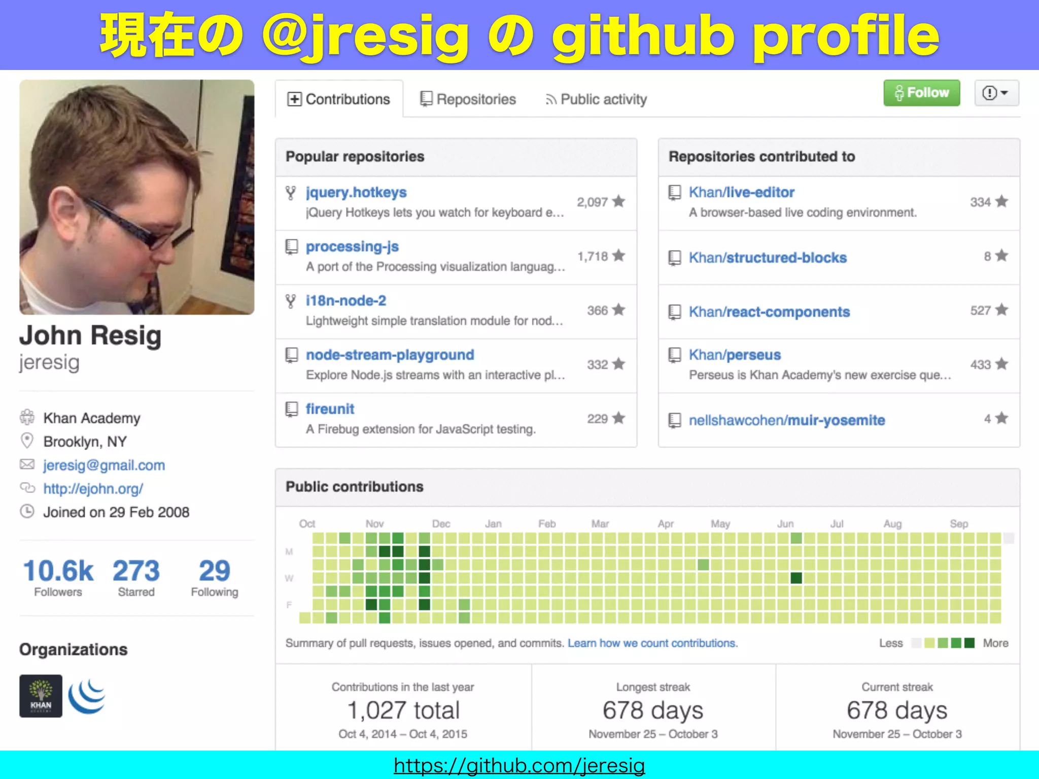 現在の @jresig の github proﬁle
https://github.com/jeresig
 