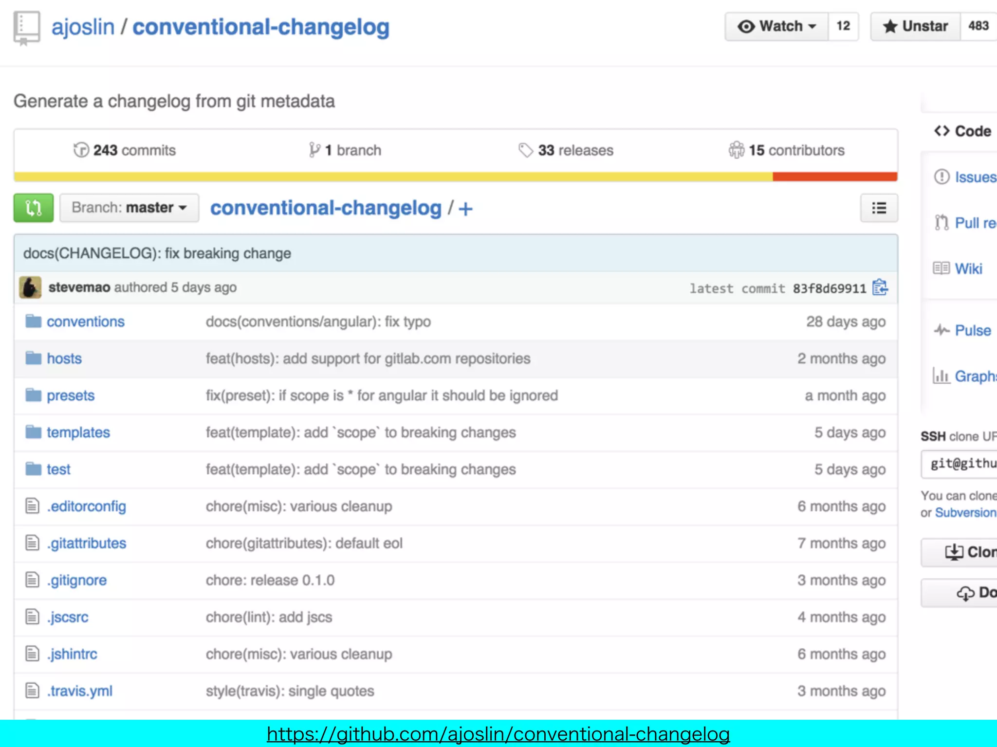 https://github.com/ajoslin/conventional-changelog
conventional-changelog
 