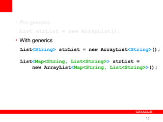 15
• Pre generics
• With generics
List strList = new ArrayList();
List<String> strList = new ArrayList<String>();
List<Map<String, List<String>> strList =
new ArrayList<Map<String, List<String>>();
 