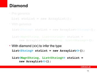 16
Diamond
• Pre generics
• With generics
• With diamond (<>) to infer the type
List strList = new ArrayList();
List<String> strList = new ArrayList<String>();
List<Map<String, List<String>> strList =
new ArrayList<Map<String, List<String>>();
List<String> strList = new ArrayList<>();
List<Map<String, List<String>> strList =
new ArrayList<>();
 