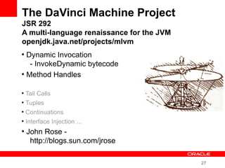 27
The DaVinci Machine Project
JSR 292
A multi-language renaissance for the JVM
openjdk.java.net/projects/mlvm
●
Dynamic Invocation
- InvokeDynamic bytecode
●
Method Handles
●
Tail Calls
●
Tuples
●
Continuations
●
Interface Injection ...
●
John Rose -
http://blogs.sun.com/jrose
 