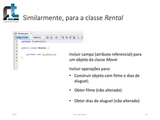 Similarmente, para a classe Rental
2017 Prof. Ivan Ricarte 42
Incluir campo (atributo referencial) para
um objeto da classe Movie
Incluir operações para:
• Construir objeto com filme e dias de
aluguel;
• Obter filme (não alterado)
• Obter dias de aluguel (não alterado)
 
