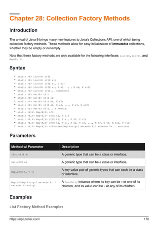 Chapter 28: Collection Factory Methods
Introduction
The arrival of Java 9 brings many new features to Java's Collections API, one of which being
collection factory methods. These methods allow for easy initialization of immutable collections,
whether they be empty or nonempty.
Note that these factory methods are only available for the following interfaces: List<E>, Set<E>, and
Map<K, V>
Syntax
static <E> List<E> of()
•
static <E> List<E> of(E e1)
•
static <E> List<E> of(E e1, E e2)
•
static <E> List<E> of(E e1, E e2, ..., E e9, E e10)
•
static <E> List<E> of(E... elements)
•
static <E> Set<E> of()
•
static <E> Set<E> of(E e1)
•
static <E> Set<E> of(E e1, E e2)
•
static <E> Set<E> of(E e1, E e2, ..., E e9, E e10)
•
static <E> Set<E> of(E... elements)
•
static <K,V> Map<K,V> of()
•
static <K,V> Map<K,V> of(K k1, V v1)
•
static <K,V> Map<K,V> of(K k1, V v1, K k2, V v2)
•
static <K,V> Map<K,V> of(K k1, V v1, K k2, V v2, ..., K k9, V v9, K k10, V v10)
•
static <K,V> Map<K,V> ofEntries(Map.Entry<? extends K,? extends V>... entries)
•
Parameters
Method w/ Parameter Description
List.of(E e) A generic type that can be a class or interface.
Set.of(E e) A generic type that can be a class or interface.
Map.of(K k, V v)
A key-value pair of generic types that can each be a class
or interface.
Map.of(Map.Entry<? extends K, ?
extends V> entry)
A Map.Entry instance where its key can be K or one of its
children, and its value can be V or any of its children.
Examples
List Factory Method Examples
https://riptutorial.com/ 170
 