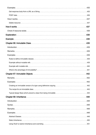 Examples 435
Get response body from a URL as a String 435
POST data 436
How it works 437
Delete resource 437
How it works 437
Check if resource exists 438
Explanation: 438
Example: 438
Chapter 66: Immutable Class 439
Introduction 439
Remarks 439
Examples 439
Rules to define immutable classes 439
Example without mutable refs 439
Example with mutable refs 440
What is the advantage of immutability? 441
Chapter 67: Immutable Objects 442
Remarks 442
Examples 442
Creating an immutable version of a type using defensive copying. 442
The recipe for an immutable class 443
Typical design flaws which prevent a class from being immutable 444
Chapter 68: Inheritance 448
Introduction 448
Syntax 448
Remarks 448
Examples 448
Abstract Classes 448
Static Inheritance 450
Using 'final' to restrict inheritance and overriding 451
 