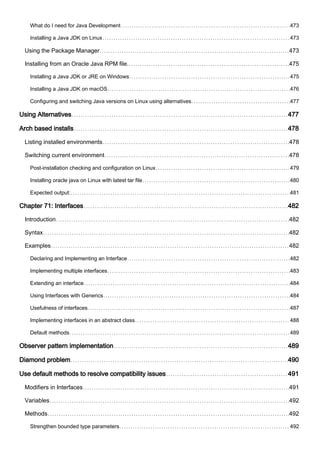 What do I need for Java Development 473
Installing a Java JDK on Linux 473
Using the Package Manager 473
Installing from an Oracle Java RPM file. 475
Installing a Java JDK or JRE on Windows 475
Installing a Java JDK on macOS 476
Configuring and switching Java versions on Linux using alternatives 477
Using Alternatives 477
Arch based installs 478
Listing installed environments 478
Switching current environment 478
Post-installation checking and configuration on Linux 479
Installing oracle java on Linux with latest tar file 480
Expected output: 481
Chapter 71: Interfaces 482
Introduction 482
Syntax 482
Examples 482
Declaring and Implementing an Interface 482
Implementing multiple interfaces 483
Extending an interface 484
Using Interfaces with Generics 484
Usefulness of interfaces 487
Implementing interfaces in an abstract class 488
Default methods 489
Observer pattern implementation 489
Diamond problem 490
Use default methods to resolve compatibility issues 491
Modifiers in Interfaces 491
Variables 492
Methods 492
Strengthen bounded type parameters 492
 