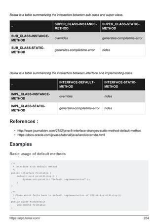 Below is a table summarizing the interaction between sub-class and super-class.
-
SUPER_CLASS-INSTANCE-
METHOD
SUPER_CLASS-STATIC-
METHOD
SUB_CLASS-INSTANCE-
METHOD
overrides generates-compiletime-error
SUB_CLASS-STATIC-
METHOD
generates-compiletime-error hides
Below is a table summarizing the interaction between interface and implementing-class.
-
INTERFACE-DEFAULT-
METHOD
INTERFACE-STATIC-
METHOD
IMPL_CLASS-INSTANCE-
METHOD
overrides hides
IMPL_CLASS-STATIC-
METHOD
generates-compiletime-error hides
References :
http://www.journaldev.com/2752/java-8-interface-changes-static-method-default-method
•
https://docs.oracle.com/javase/tutorial/java/IandI/override.html
•
Examples
Basic usage of default methods
/**
* Interface with default method
*/
public interface Printable {
default void printString() {
System.out.println( "default implementation" );
}
}
/**
* Class which falls back to default implementation of {@link #printString()}
*/
public class WithDefault
implements Printable
{
https://riptutorial.com/ 284
 