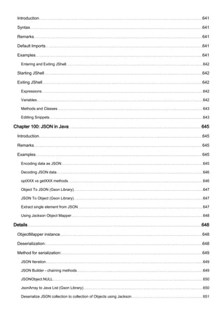 Introduction 641
Syntax 641
Remarks 641
Default Imports 641
Examples 641
Entering and Exiting JShell 642
Starting JShell 642
Exiting JShell 642
Expressions 642
Variables 642
Methods and Classes 643
Editting Snippets 643
Chapter 100: JSON in Java 645
Introduction 645
Remarks 645
Examples 645
Encoding data as JSON 645
Decoding JSON data 646
optXXX vs getXXX methods 646
Object To JSON (Gson Library) 647
JSON To Object (Gson Library) 647
Extract single element from JSON 647
Using Jackson Object Mapper 648
Details 648
ObjectMapper instance 648
Deserialization: 648
Method for serialization: 649
JSON Iteration 649
JSON Builder - chaining methods 649
JSONObject.NULL 650
JsonArray to Java List (Gson Library) 650
Deserialize JSON collection to collection of Objects using Jackson 651
 