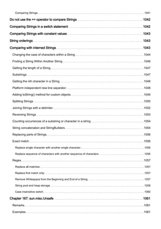 Comparing Strings 1041
Do not use the == operator to compare Strings 1042
Comparing Strings in a switch statement 1042
Comparing Strings with constant values 1043
String orderings 1043
Comparing with interned Strings 1043
Changing the case of characters within a String 1044
Finding a String Within Another String 1046
Getting the length of a String 1047
Substrings 1047
Getting the nth character in a String 1048
Platform independent new line separator 1048
Adding toString() method for custom objects 1049
Splitting Strings 1050
Joining Strings with a delimiter 1052
Reversing Strings 1053
Counting occurrences of a substring or character in a string 1054
String concatenation and StringBuilders 1054
Replacing parts of Strings 1056
Exact match 1056
Replace single character with another single character: 1056
Replace sequence of characters with another sequence of characters: 1056
Regex 1057
Replace all matches: 1057
Replace first match only: 1057
Remove Whitespace from the Beginning and End of a String 1057
String pool and heap storage 1058
Case insensitive switch 1060
Chapter 167: sun.misc.Unsafe 1061
Remarks 1061
Examples 1061
 