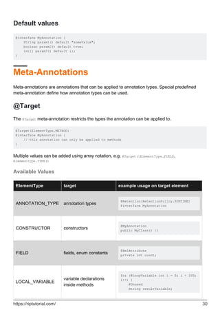 Default values
@interface MyAnnotation {
String param1() default "someValue";
boolean param2() default true;
int[] param3() default {};
}
Meta-Annotations
Meta-annotations are annotations that can be applied to annotation types. Special predefined
meta-annotation define how annotation types can be used.
@Target
The @Target meta-annotation restricts the types the annotation can be applied to.
@Target(ElementType.METHOD)
@interface MyAnnotation {
// this annotation can only be applied to methods
}
Multiple values can be added using array notation, e.g. @Target({ElementType.FIELD,
ElementType.TYPE})
Available Values
ElementType target example usage on target element
ANNOTATION_TYPE annotation types
@Retention(RetentionPolicy.RUNTIME)
@interface MyAnnotation
CONSTRUCTOR constructors
@MyAnnotation
public MyClass() {}
FIELD fields, enum constants
@XmlAttribute
private int count;
for (@LoopVariable int i = 0; i < 100;
i++) {
@Unused
String resultVariable;
LOCAL_VARIABLE
variable declarations
inside methods
https://riptutorial.com/ 30
 