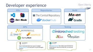 15
Developer experience
Repositories Build
IDEs
Dev Mode
APIs Testing
 