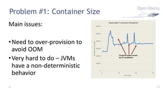 33
Problem #1: Container Size
33
Main issues:
•Need to over-provision to
avoid OOM
•Very hard to do – JVMs
have a non-deterministic
behavior
0
100000
200000
300000
400000
500000
600000
0 30 60 90
Resident
set
size
(KB)
Time (sec)
Daytrader7 memory footprint
Footprint spikes caused
by JIT compilation
 