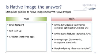 56
Is Native Image the answer?
Static AOT compile to native image (GraalVM Native Image)
56
PROS CONS
• Small footprint
• Fast start-up
• Great for short-lived apps
• Limited JVM (static vs dynamic
compiler optimization, limited GC)
• Limited Java features (dynamic, APIs)
• Moving target (frameworks,
ecosystem, standards)
• Dev/Prod parity (devs use compiler?)
 
