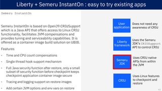 Liberty + Semeru InstantOn : easy to try existing apps
Semeru InstantOn
Semeru InstantOn is based on OpenJ9 CRIUSupport
which is a Java API that offers access to Linux CRIU
functionality, facilitates JVM compensations and
provides tuning and serviceability capabilities. It is
offered as a container image build solution on UBI8.
Features
• Time and CPU count compensations
• Single thread hook support mechanism
• Full Java security function after restore, only a small
subset of security function before checkpoint keeps
checkpoint application container image secure
• Tracing and logging support on restore images
• Add certain JVM options and env vars on restore
Semeru
JDK
CRIU
Liberty
framework
User
application
Uses the Semeru
JDK’s CRIUSupport
API to control CRIU
Uses CRIU native
APIs from within
the JVM
Does not need any
awareness of CRIU
Uses Linux features
to checkpoint and
restore
61
 