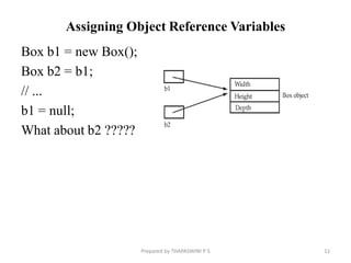 Assigning Object Reference Variables
Box b1 = new Box();
Box b2 = b1;
// ...
b1 = null;
What about b2 ?????
11
Prepared by THAPASWINI P S
 