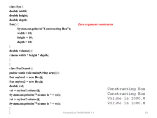 class Box {
double width;
double height;
double depth;
Box() { Zero argument constructor
System.out.println("Constructing Box");
width = 10;
height = 10;
depth = 10;
}
double volume() {
return width * height * depth;
}
}
class BoxDemo6 {
public static void main(String args[]) {
Box mybox1 = new Box();
Box mybox2 = new Box();
double vol;
vol = mybox1.volume();
System.out.println("Volume is " + vol);
vol = mybox2.volume();
System.out.println("Volume is " + vol);
}
} 19
Prepared by THAPASWINI P S
 