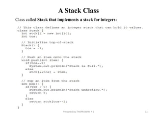 A Stack Class
Class called Stack that implements a stack for integers:
Prepared by THAPASWINI P S 31
 