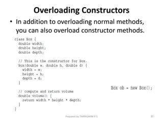 Overloading Constructors
• In addition to overloading normal methods,
you can also overload constructor methods.
Prepared by THAPASWINI P S 37
 