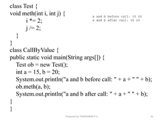 class Test {
void meth(int i, int j) {
i *= 2;
j /= 2;
}
}
class CallByValue {
public static void main(String args[]) {
Test ob = new Test();
int a = 15, b = 20;
System.out.println("a and b before call: " + a + " " + b);
ob.meth(a, b);
System.out.println("a and b after call: " + a + " " + b);
}
}
41
Prepared by THAPASWINI P S
 