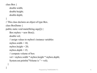 class Box {
double width;
double height;
double depth;
}
// This class declares an object of type Box.
class BoxDemo {
public static void main(String args[]) {
Box mybox = new Box();
double vol;
// assign values to mybox's instance variables
mybox.width = 10;
mybox.height = 20;
mybox.depth = 15;
// compute volume of box
vol = mybox.width * mybox.height * mybox.depth;
System.out.println("Volume is " + vol);
}
}
6
Prepared by THAPASWINI P S
 