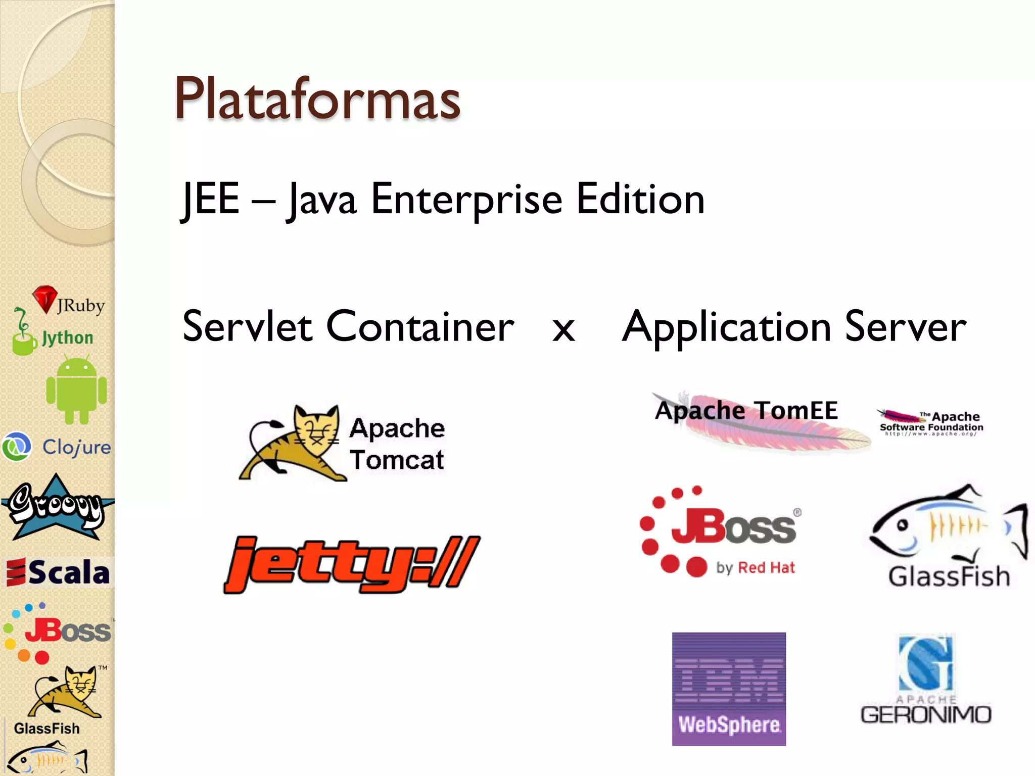 Plataformas
JEE – Java Enterprise Edition

Servlet Container x     Application Server
 