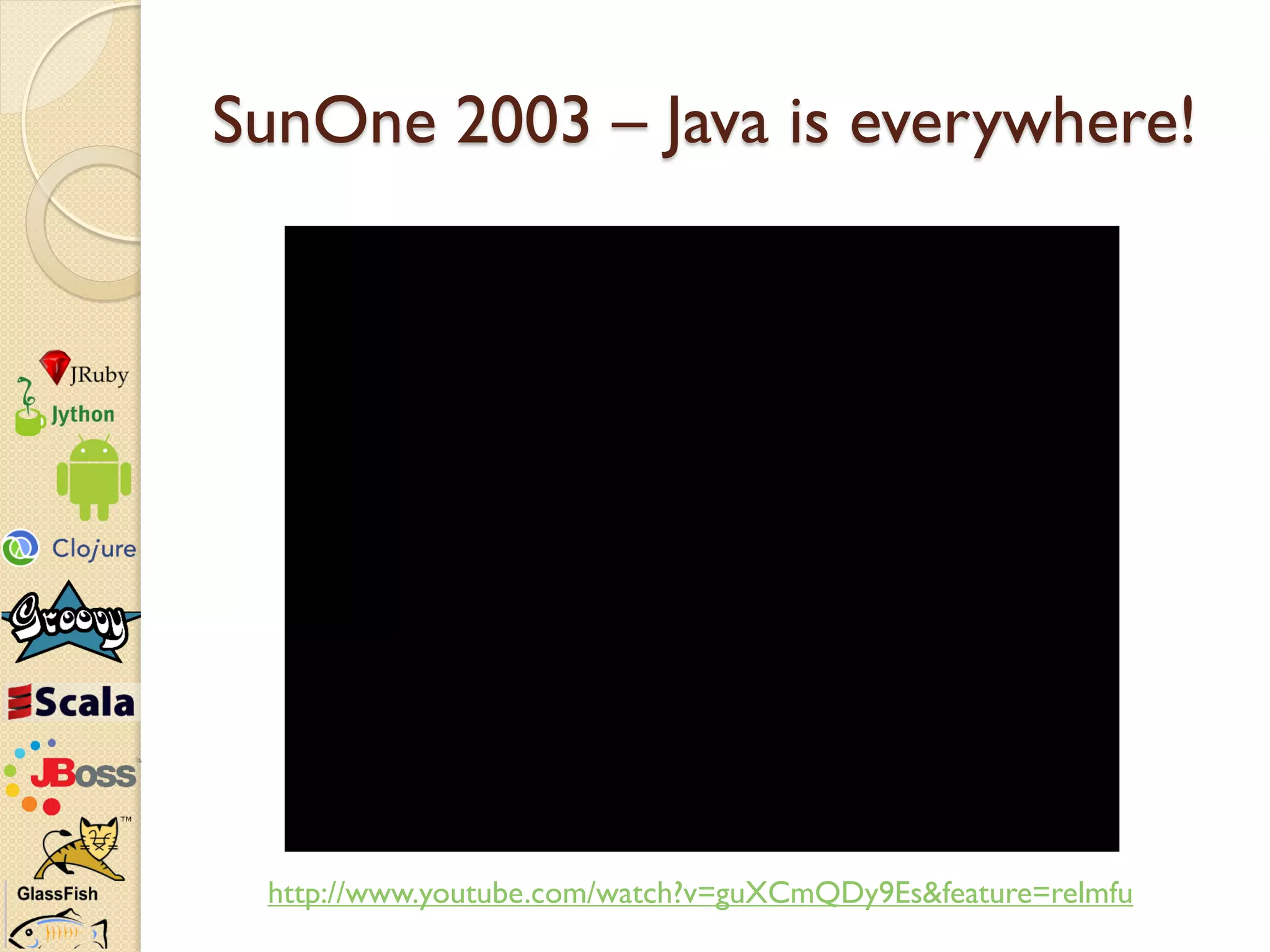 SunOne 2003 – Java is everywhere!




 http://www.youtube.com/watch?v=guXCmQDy9Es&feature=relmfu
 