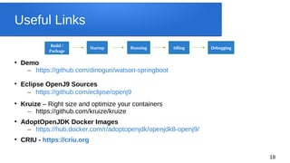 18
Useful Links

Demo
– https://github.com/dinogun/watson-springboot

Eclipse OpenJ9 Sources
– https://github.com/eclipse/openj9

Kruize – Right size and optimize your containers
– https://github.com/kruize/kruize

AdoptOpenJDK Docker Images
– https://hub.docker.com/r/adoptopenjdk/openjdk8-openj9/

CRIU - https://criu.org
Build /
Package
Startup Running Idling Debugging
 