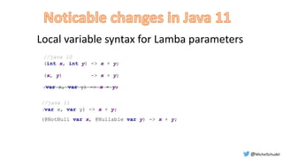 Local variable syntax for Lamba parameters
//java 10
(int x, int y) -> x + y;
//java 11
(var x, var y) -> x + y;
(x, y) -> x + y;
(@NotNull var x, @Nullable var y) -> x + y;
(var x, var y) -> x + y;
@MichelSchudel
 