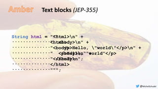 Text blocks (JEP-355)
String html = "<html>n" +
" <body>n" +
" <p>Hello, "world"</p>n" +
" </body>n“ +
"</html>n";
String html = """
<html>
<body>
<p>Hello, "world"</p>
</body>
</html>
""";
..............
..............
..............
..............
..............
..............
@MichelSchudel
 