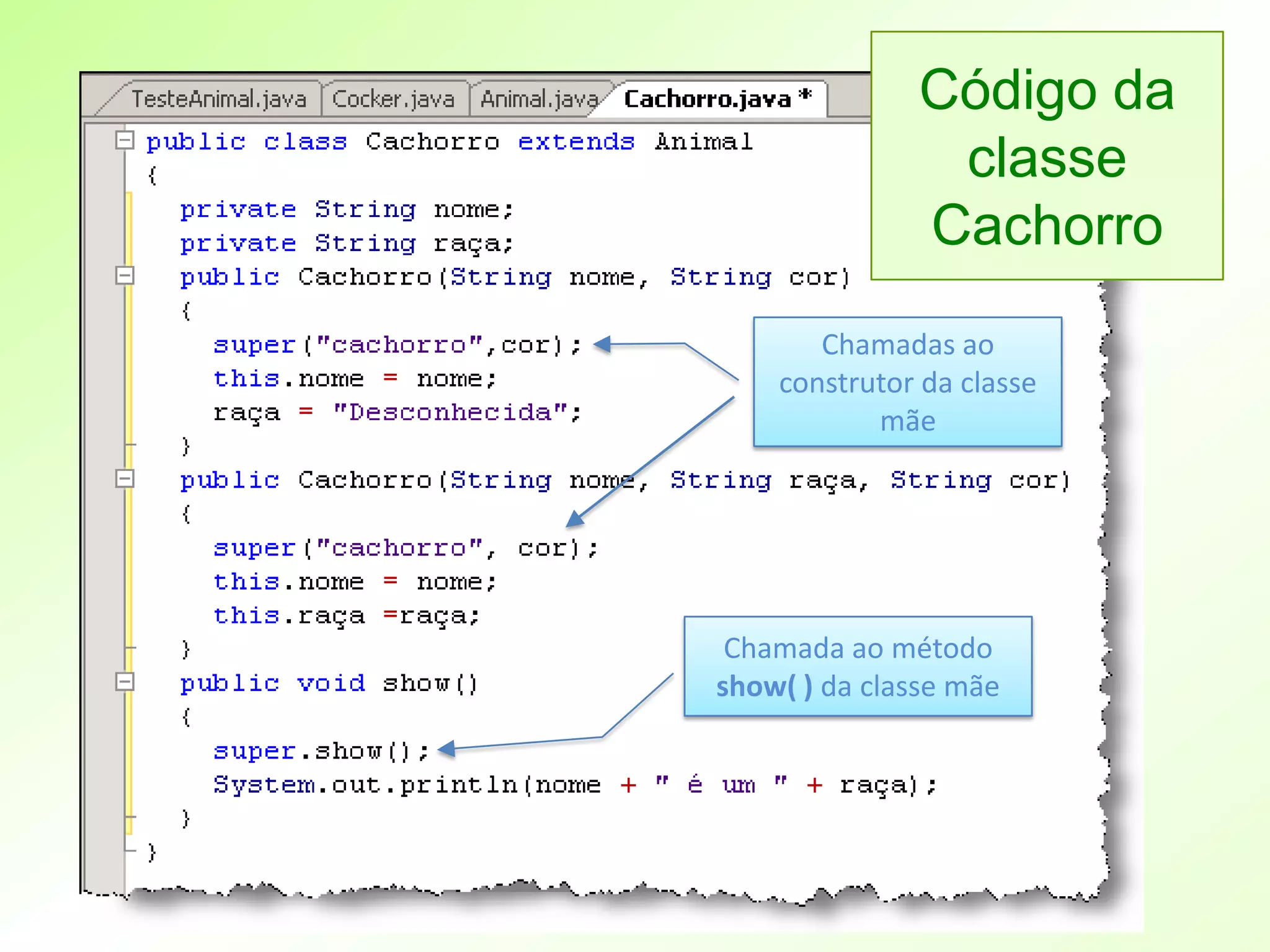 Código da
                classe
               Cachorro
       Chamadas ao
    construtor da classe
           mãe




 Chamada ao método
show( ) da classe mãe
 