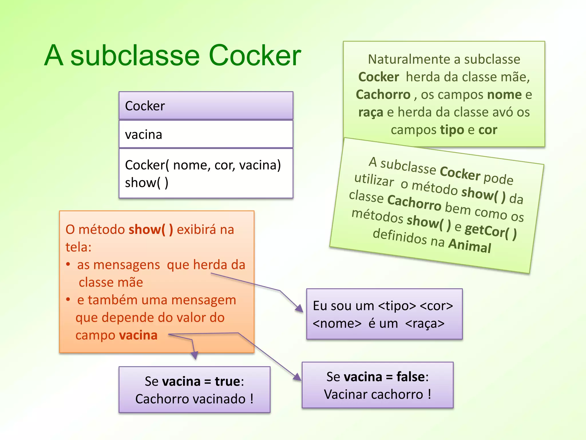 A subclasse Cocker                            Naturalmente a subclasse
                                            Cocker herda da classe mãe,
                                            Cachorro , os campos nome e
         Cocker                             raça e herda da classe avó os
         vacina                                   campos tipo e cor

         Cocker( nome, cor, vacina)
         show( )


 O método show( ) exibirá na
 tela:
 • as mensagens que herda da
    classe mãe
 • e também uma mensagem              Eu sou um <tipo> <cor>
   que depende do valor do            <nome> é um <raça>
   campo vacina


            Se vacina = true:          Se vacina = false:
           Cachorro vacinado !         Vacinar cachorro !
 