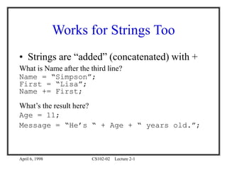 April 6, 1998 CS102-02 Lecture 2-1
Works for Strings Too
• Strings are “added” (concatenated) with +
What is Name after the third line?
Name = “Simpson”;
First = “Lisa”;
Name += First;
What’s the result here?
Age = 11;
Message = “He’s “ + Age + “ years old.”;
 