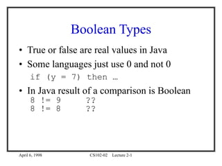 April 6, 1998 CS102-02 Lecture 2-1
Boolean Types
• True or false are real values in Java
• Some languages just use 0 and not 0
if (y = 7) then …
• In Java result of a comparison is Boolean
8 != 9 ??
8 != 8 ??
 