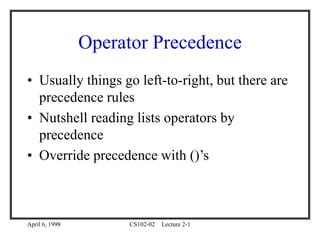 April 6, 1998 CS102-02 Lecture 2-1
Operator Precedence
• Usually things go left-to-right, but there are
precedence rules
• Nutshell reading lists operators by
precedence
• Override precedence with ()’s
 