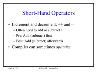 April 6, 1998 CS102-02 Lecture 2-1
Short-Hand Operators
• Increment and decrement: ++ and --
– Often need to add or subtract 1
– Pre: Add (subtract) first
– Post: Add (subtract) afterwards
• Compiler can sometimes optimize
 