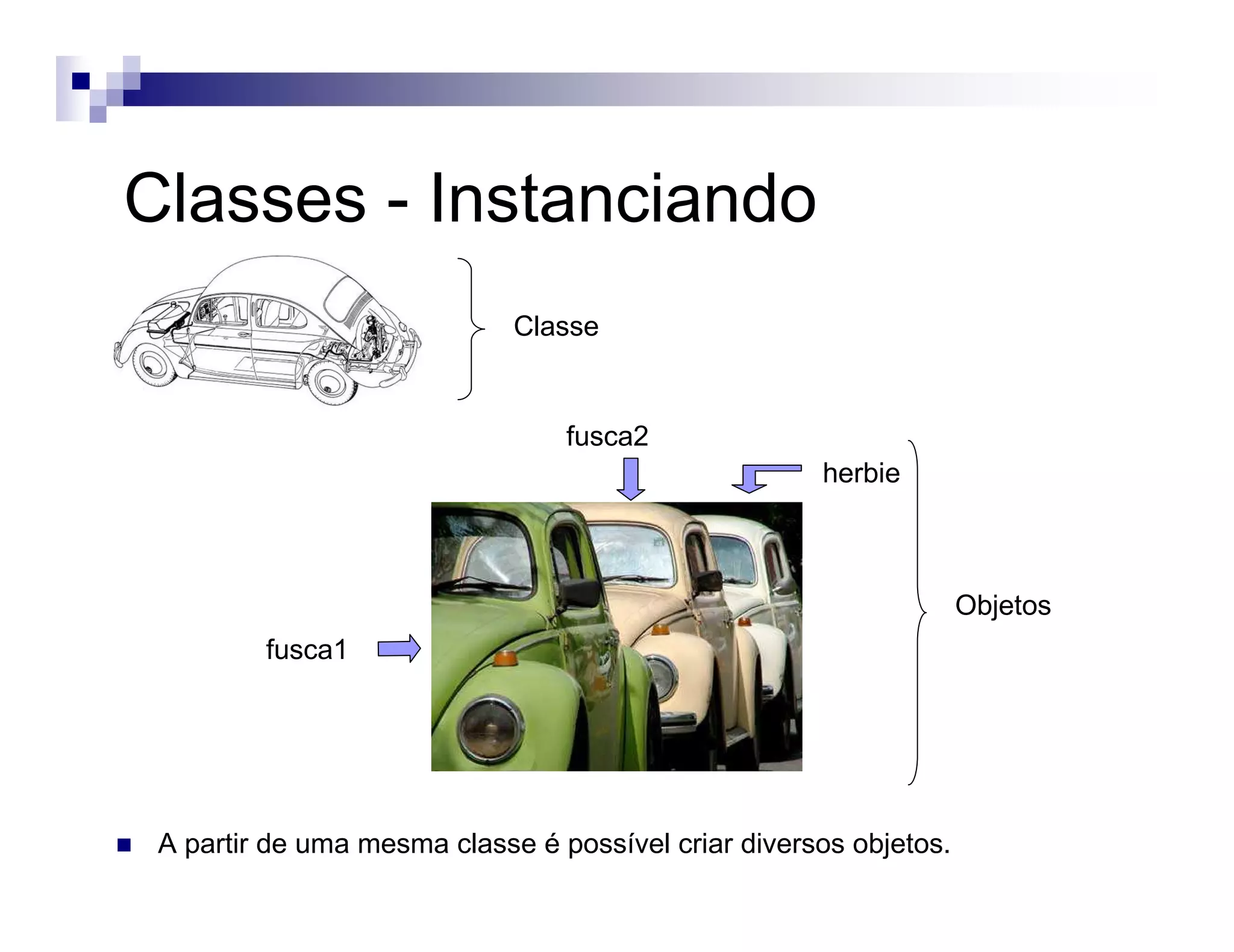 Classes - Instanciando
A partir de uma mesma classe é possível criar diversos objetos.
fusca1
fusca2
herbie
Classe
Objetos
 